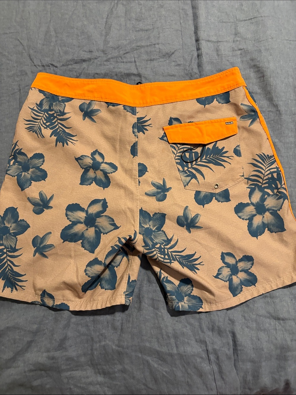 Hurley Beige Floral Swim Shorts with Blue Print and Orange Waistband - Picture 3 of 4
